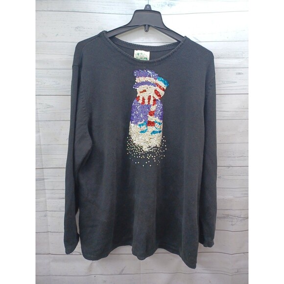 The Quacker Factory Christmas Black Sweater Snowman 3X Sequined - Picture 1 of 6